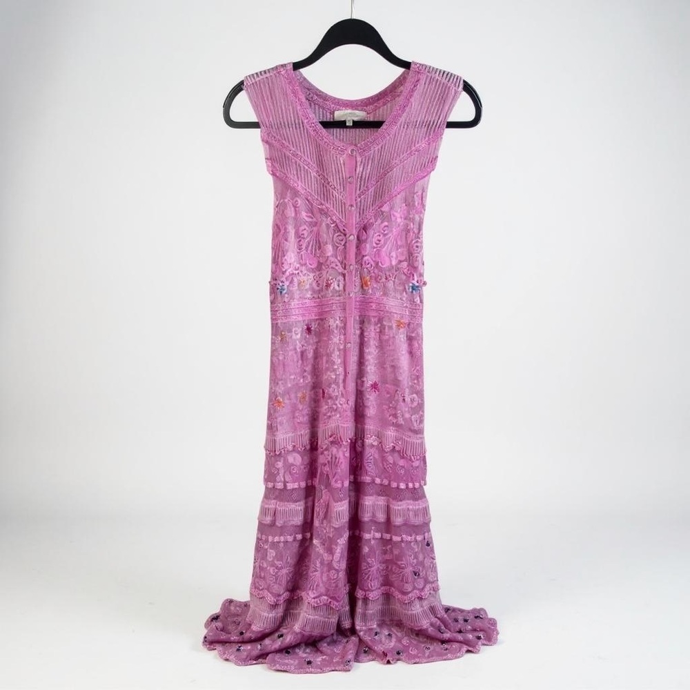 Loveshackfancy Lace Pink Maxi Dress Embroidered Tiered Column Button Front Sz. S